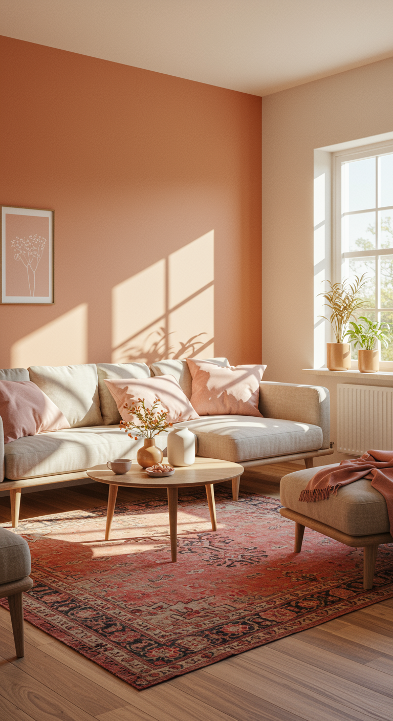 Sunset Hues Living Room Ideas - A sun-drenched modern living room with a soft orange accent wall, casting a warm glow on light wood furniture. Blush pink linen throw pillows adorn a neutral-toned sofa, complemented by a terracotta-patterned rug. Indoor plants thrive near a large window, and subtle imperfections like a slightly worn rug and a crooked picture frame add a touch of realism.