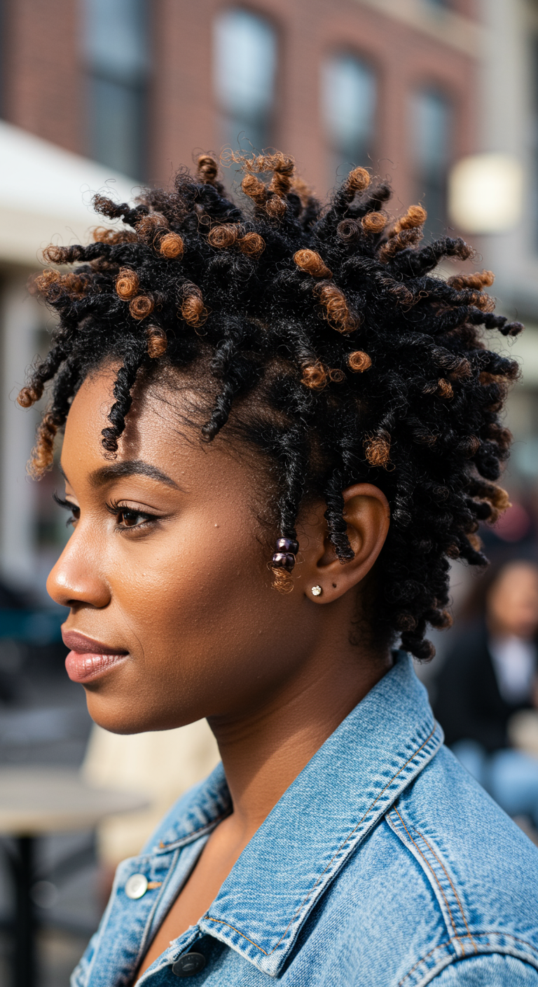 Fun Short Twists - Close-up portrait of a Black woman with short, natural hair styled in fun, chunky twists, the twists varying slightly in size and texture, some adorned with small, colorful beads near the ends. The hairstyle is clearly above the shoulders, showcasing the natural curl pattern at the roots and the defined waves from previous twist-outs. She's casually dressed in a denim jacket, standing in a sunlit urban cafe with blurred people in the background, a few flyaway hairs visible around her hairline, creating a realistic, slightly imperfect look.