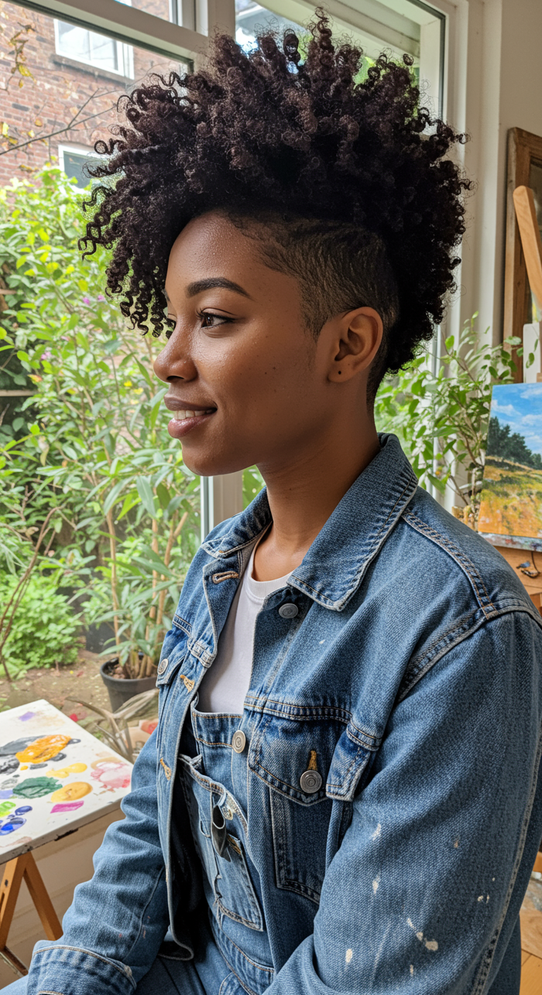 Edgy Natural Cuts - A realistic portrait of a young Black woman with an asymmetrical short natural haircut, one side longer than the other, standing in a sunlit urban cafe. Her hair is a mix of tight coils and loose curls, showcasing natural texture, with a slight frizziness around the edges, dressed in a casual denim jacket and a simple white t-shirt. Visible pores on her skin, subtle smile, and a slight imperfection in her eyebrow shape add to the authenticity.