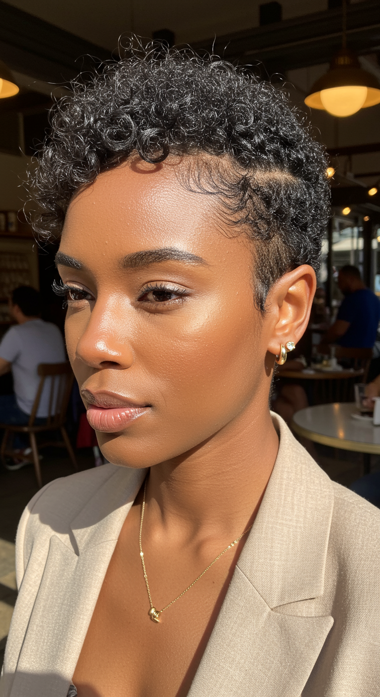 Formal Natural Styles - Close-up portrait of a Black woman with a short, defined curly hairstyle and a neat side part, suitable for a formal event, with a few stray hairs subtly visible. She is wearing a stylish blazer and a simple gold necklace, standing in a sunlit cafe with a blurred background of other patrons and tables. The image captures the natural texture of her hair, avoiding an overly polished or glossy appearance, and showcases a realistic skin tone with minor imperfections.