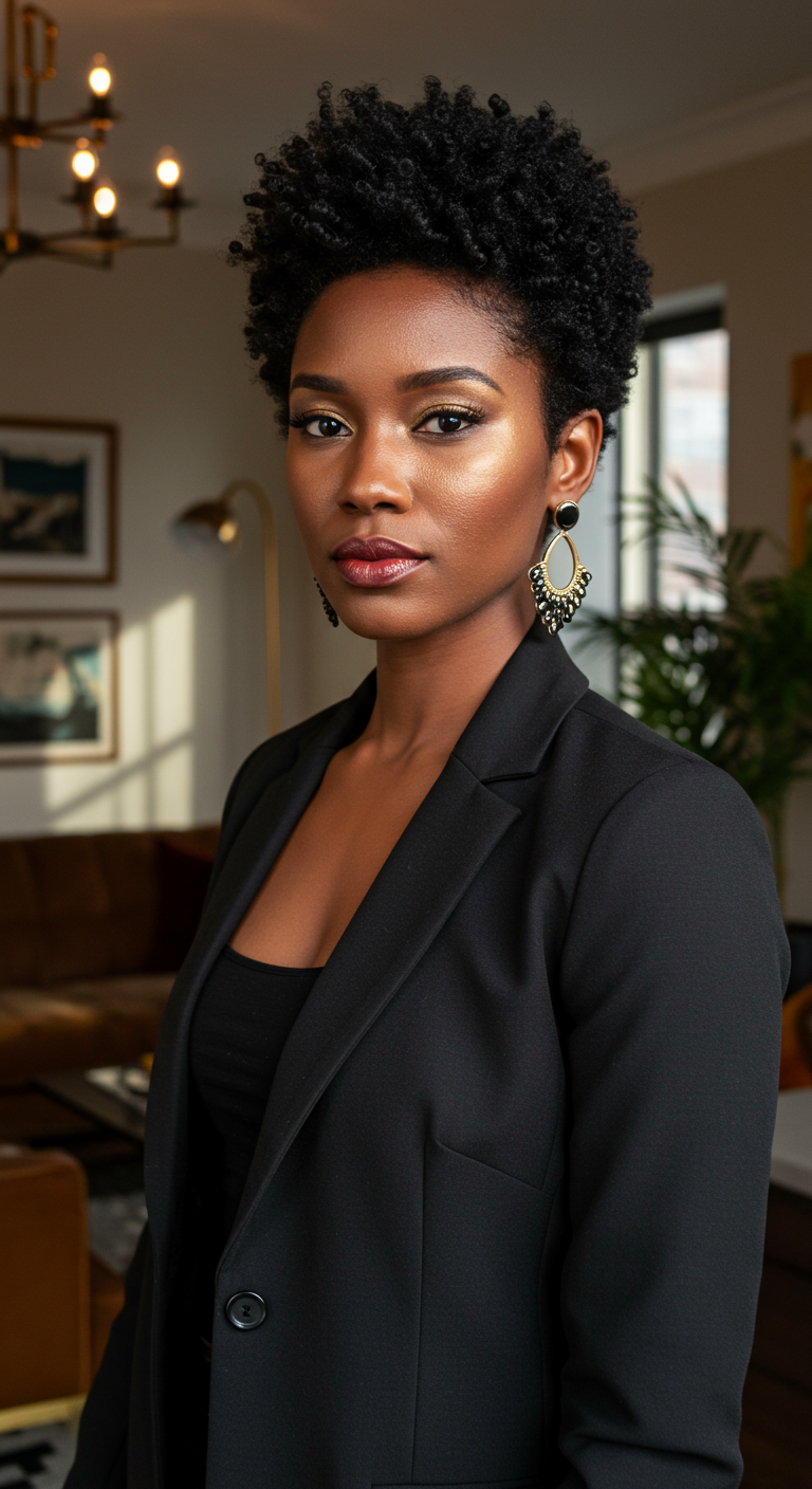 Glam Short Styles - A realistic Black woman in her early 30s with a short, natural curly hairstyle — defined coils, shaped sides, and a voluminous top. Her skin shows real texture with subtle pores and soft lines around the eyes. She wears subtle glam makeup with a gold highlight, soft lipstick, and expressive eyes. Accessories include bold statement earrings and a sleek, fitted blazer. She’s standing in a tastefully decorated modern apartment with clean lines, neutral tones, and soft warm lighting. Background elements like a velvet couch, framed art, and indoor plants are fully visible. Natural indoor daylight filters through large windows. The atmosphere is elegant, stylish, and grounded in reality — no background blur, no glossy retouching.