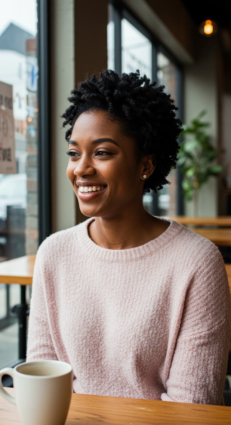Cute Short Naturals - A joyful young Black woman with soft, short natural hair styled in a mini twist-out. Her face is fresh and makeup-free or with very light touches — showing skin texture, natural lashes, and smile lines. She wears a cozy pastel sweater and sits in a real-life coffee shop setting with wooden furniture, ceramic mugs, and a big street-facing window. The natural light casts gentle shadows on her face and clothes. She looks off to the side, slightly laughing. The vibe is authentic, charming, and full of warmth — like a real moment caught mid-conversation. Entire background is in focus and part of the story.