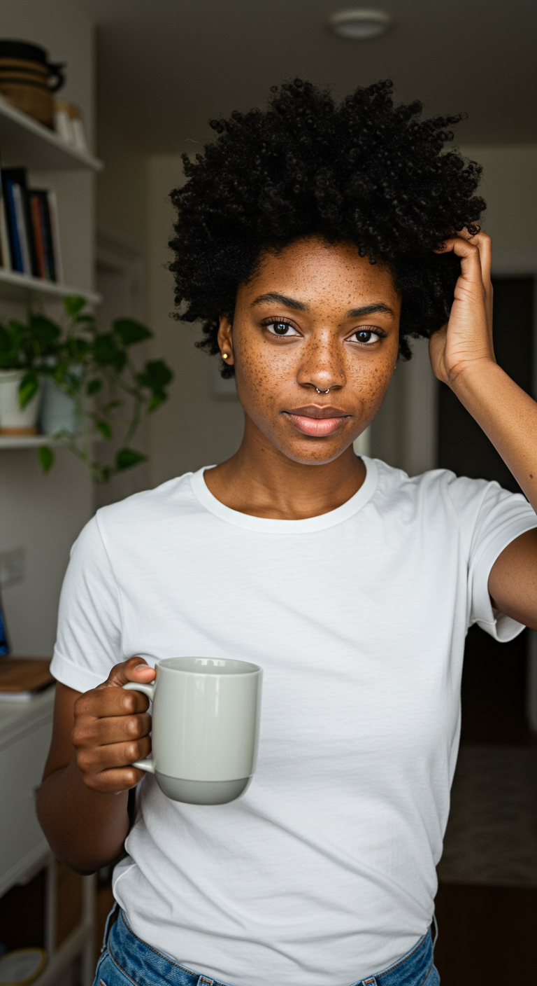 Simple Natural Looks - A laid-back Black woman with a short tapered afro or soft coils, lightly defined with minimal styling. Her look is effortless and clean — cotton tee, gold studs, maybe a small nose ring. Her skin shows natural beauty: freckles, pores, light texture. She stands in her small home workspace or kitchen — visible shelves, books, plants, and neutral colors in the background. Daylight enters from the side, creating soft contrast. She's relaxed, perhaps holding a mug or adjusting her hair. No artificial blurring — everything is grounded, real, and beautifully simple.