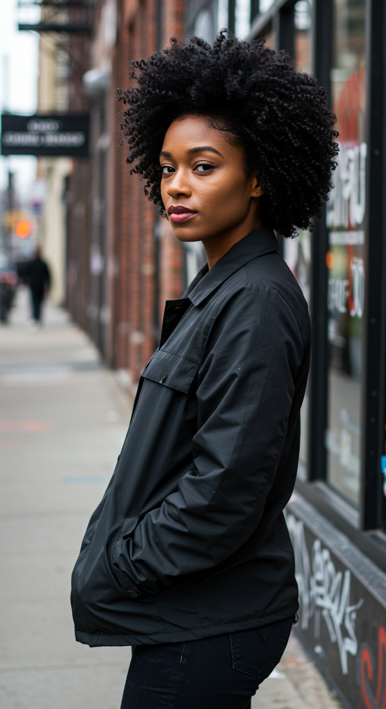 Trendy Natural Hair - A fashionable Black woman in her 20s or 30s with a sharp short afro or sculpted curly cut, styled with precision. Hair is natural, voluminous, and neatly shaped. She's dressed in streetwear — maybe an oversized jacket and fitted jeans. Standing on a city sidewalk, graffiti wall or boutique storefront in the background. Her expression is focused, confident. Skin shows soft shine and natural depth — subtle undereye texture, smile lines. The photo captures a real street-style moment with full depth of field and urban texture all around.