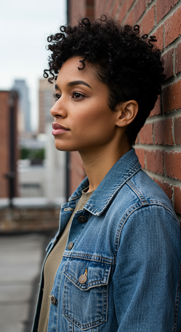 Cool Girl Haircuts - A relaxed, stylish Black woman with a short curly pixie cut — a bit choppy and full of volume on top. She's wearing a vintage denim jacket and casual tee, leaning against a brick wall in the city or a rooftop scene. Natural daylight from the side, casting soft shadows on her face and surroundings. Skin is fully natural: tiny skin folds, light texture, a beauty mark. The entire background is sharp and detailed — this is a slice of real life, not a staged fashion shoot.