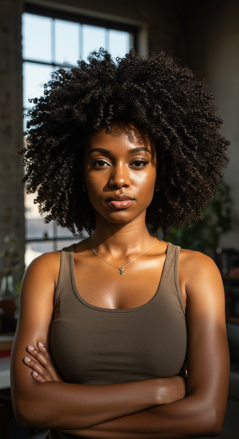 The Natural 'Fro - A proud Black woman with a medium-short round afro — bold, round, and full of texture. Her skin is glowing, but real: natural shine, subtle lines, visible pores. She wears a simple tank top, small jewelry, and stands in a loft-style studio space with tall windows, books, and plants. She's making direct eye contact, relaxed yet strong. The room is softly lit by indirect sunlight. No beauty filters — just confidence, texture, and truth. Entire scene is clearly visible, adding to the intimacy.