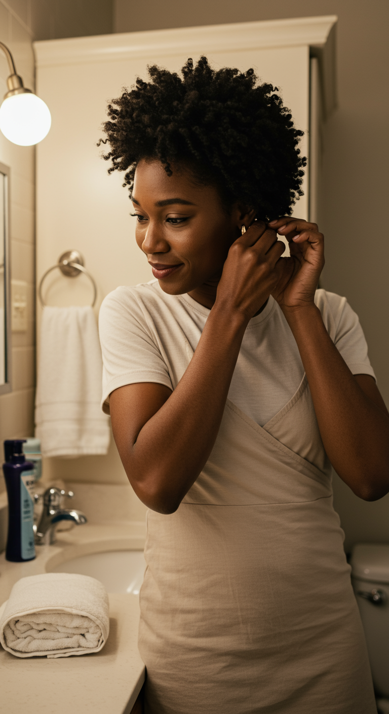 Easy-Care Short Hair - A Black woman with a cropped natural style — low-maintenance twist-out or short coils. She wears a minimalist cotton dress or tee, in a cozy, slightly cluttered home bathroom or vanity space. A towel on the counter, small mirror, real-life light fixtures. Her skin is fresh — with smile lines, texture on the forehead, and relaxed brows. She’s fixing her hair or adjusting earrings. Lighting is natural, slightly warm, like morning light. No blur, no posing — just soft realism.