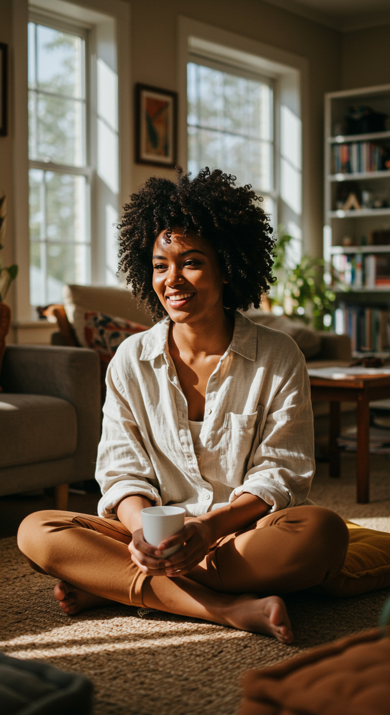 Natural Girl Vibes - A carefree Black woman with short coily hair, free and a little frizzy in places. She wears soft casual clothes — like linen or oversized button-up — sitting cross-legged in a sunny living room with visible bookshelves, floor cushions, and scattered plants. Light comes in from big windows. She’s barefoot, smiling at something off-camera. Her face and body feel lived-in, with soft shadowing, real skin tone variation, and cozy posture. The whole environment is in focus, grounded in lifestyle.