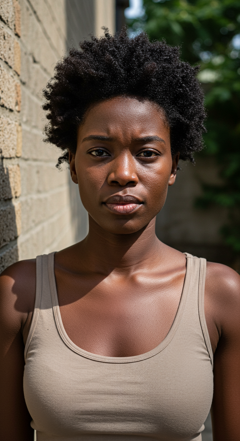 Super Short Naturals - Black woman with a super short afro. She's wearing a simple tank top and standing outside against a concrete wall or in a small courtyard. Her skin is natural, with visible pores, lines around the mouth, soft texture around the eyes. Light is midday sun or slightly overcast. Her expression is strong but approachable. Nothing is blurred — background texture (brick, pavement, leaves) all visible and grounding the scene in real-world space.