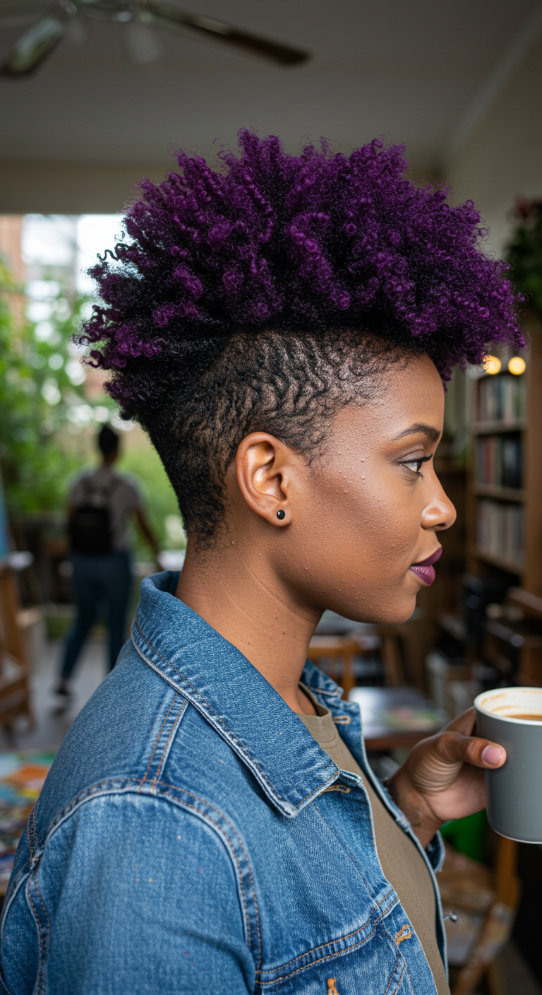 Bold Natural Hairdos - Close-up portrait of a Black woman with a short, vibrant purple afro, slightly uneven texture, standing in a sunlit artist studio with paint splatters on the floor and canvases in the background. Realistic skin texture with visible pores and slight imperfections; natural daylight casting soft shadows. A Black woman with a short, tapered natural haircut, featuring a shaved side design, wearing a denim jacket, walking down a busy urban street with blurred pedestrians in the background. Detailed shot of a Black woman with a short, coiled twist-out hairstyle, wearing a casual t-shirt, sitting in a cozy cafe, sipping coffee, with a bookshelf and warm lighting in the background. Portrait of a Black woman with a short, tightly coiled natural hairstyle, wearing a simple dress, standing in a backyard with lush greenery and a slightly overgrown garden.