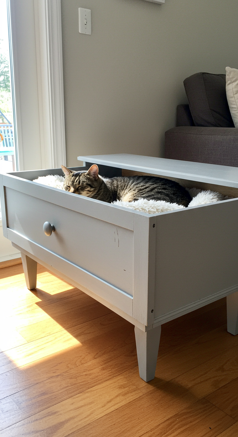 Repurposed Drawer Cat Retreats - A repurposed wooden dresser drawer, transformed into a cozy cat bed, sits on a hardwood floor in a sunlit living room. The drawer is painted a soft gray, with small wooden legs elevating it slightly off the ground. Inside, a fluffy white blanket provides a comfortable resting place for a tabby cat, who is curled up asleep. A slight scratch mark is visible on the drawer's front, adding to its realistic, repurposed feel.