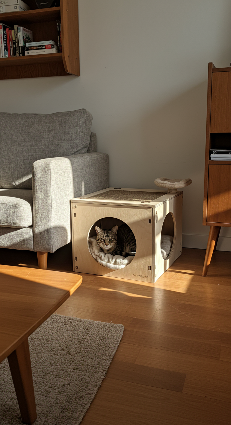 Cozy Corner Cat Dens - A sunlit living room features a cozy corner cat den constructed from light-stained plywood, forming a simple triangular structure nestled neatly in the corner. Soft, slightly rumpled cream-colored blankets line the interior, and a worn scratching post is attached to the outside. A tabby cat with realistic fur texture is curled up inside, its eyes half-closed in contentment. The room includes a mid-century modern sofa with a few cat hairs visible on the cushions, a wooden coffee table with a slight scratch, and a partially visible bookshelf in the background, all contributing to a lived-in, realistic feel.