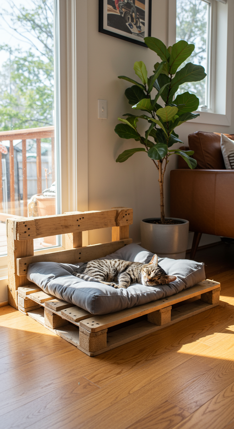 Purr-fect Pillow Cat Retreats - A tabby cat sleeps soundly in a minimalist floor bed constructed from a repurposed wooden pallet and topped with a plush gray cushion. The bed sits near a sun-drenched window in a modern living room, casting soft shadows on the hardwood floor. In the background, a mid-century modern sofa and a potted fiddle-leaf fig tree add to the realistic domestic scene, with slight dust visible on the window sill.