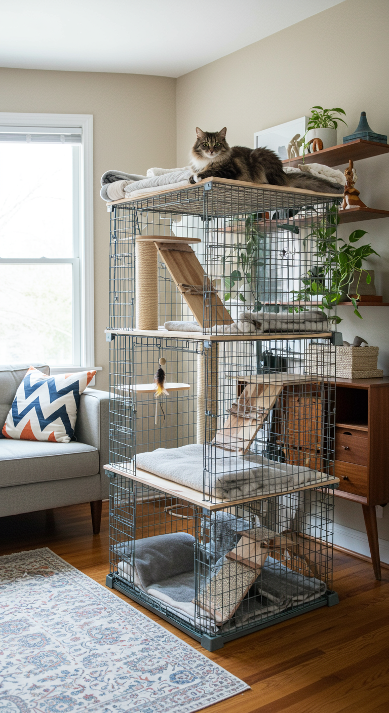 Crate Cat Condos - A multi-level "crate cat condo" inside a modern living room. The condo is constructed from a repurposed wire dog crate, featuring wooden platforms at varying heights. A fluffy tabby cat lounges on the top level, surveying the room. The crate is painted a muted teal and decorated with sisal scratching posts, a dangling feather toy, and soft fleece blankets. The living room includes a mid-century modern sofa, a woven rug, and a bookshelf with visible books and plants. Natural light streams through a nearby window, highlighting dust motes in the air.
