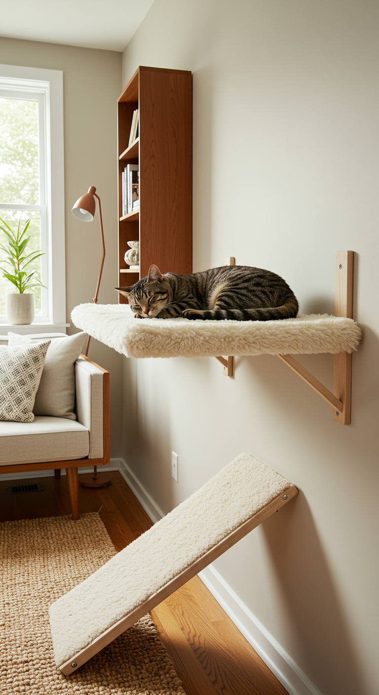 Kitty Cloud Cat Beds - A realistic, high-resolution photograph of a DIY "Kitty Cloud" cat bed mounted on a living room wall. The bed consists of a sturdy wooden platform covered in plush, cream-colored faux fur, supported by heavy-duty metal brackets. A small, carpeted ramp leads up to the platform. A tabby cat is curled up asleep on the bed, its fur realistically rendered with subtle variations in color and texture. The living room features a mid-century modern sofa, a woven rug, and a bookshelf in the background, all illuminated by natural light from a nearby window. Minor imperfections, such as slightly uneven seams in the fabric and a few cat hairs on the platform, enhance the realism.