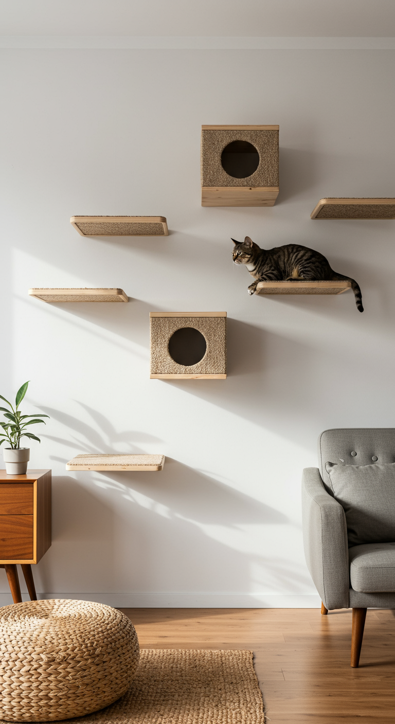 Floating Cat Platforms - A modern living room featuring a series of floating cat platforms mounted on the wall, constructed from light wood and covered in neutral-toned sisal fabric. A relaxed tabby cat is perched on the highest platform, looking down with curiosity. The platforms are staggered at varying heights, creating a climbing route, with a few minor imperfections in the wood grain and slightly uneven sisal application adding to the homemade feel. The room includes a mid-century modern sofa, a woven rug, and natural light streaming through a window, casting soft shadows on the wall and highlighting the cat's fur texture.