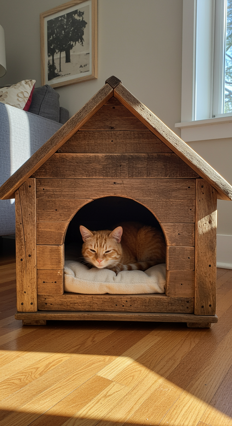 Rustic Wood Cat Beds - A rustic cat bed constructed from reclaimed wood, resembling a miniature log cabin, sits on a hardwood floor in a sunlit living room. The wood shows imperfections like knots and slight color variations, enhancing its natural appeal. A plush, cream-colored cushion lines the interior, inviting a ginger cat to curl up comfortably. The cat's fur is realistically rendered, with visible individual hairs and subtle shading, as it rests its head on the cushion, eyes half-closed in contentment.