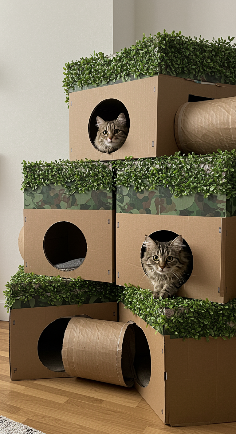 Secret Agent Cat Bunkers - A multi-layered cat bed constructed from stacked cardboard boxes, resembling a secret underground base. The exterior is camouflaged with fabric scraps and fake foliage, blending into a modern living room setting. A fluffy tabby cat is peering out of one of the tunnel entrances, with multiple exits visible. One of the cardboard boxes has a slight dent, showing the homemade nature of the construction.