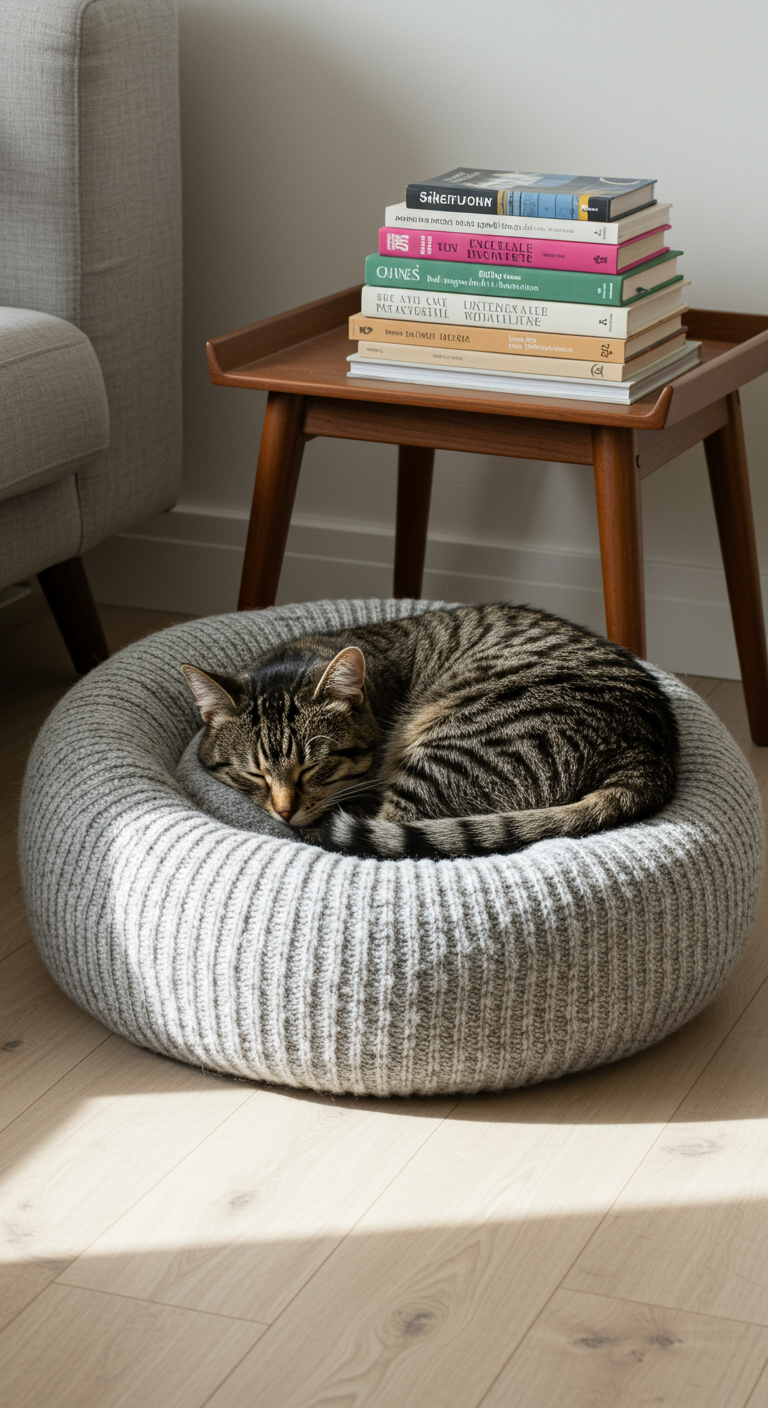 Upcycled Sweater Beds - A fluffy tabby cat curled up asleep in a cozy, circular bed made from a repurposed gray wool sweater. The sweater's sleeves are visibly stuffed to form the bed's rounded shape, with the collar slightly visible. The bed sits on a light hardwood floor in a sunlit living room, next to a mid-century modern side table holding a stack of books. Subtle imperfections, like a slightly uneven seam on the sweater bed and a few stray cat hairs on the surrounding floor, add to the realistic, homemade feel.