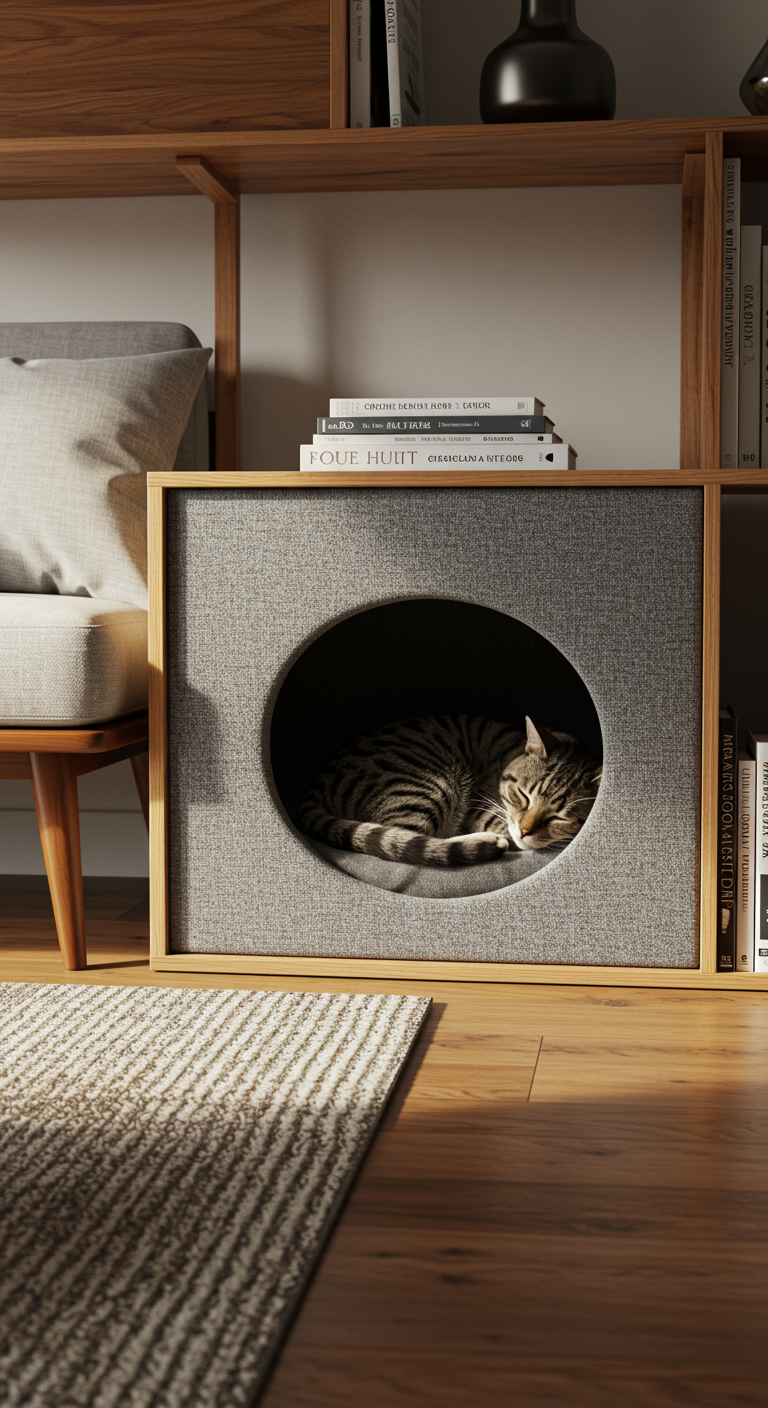 Fluffy Fantasy Cat Sleepers - A highly detailed, realistic photograph of a modern living room featuring a homemade cat bed integrated into a bookshelf. The cat bed is a cozy nook lined with soft, textured gray fabric, blending seamlessly with the wooden bookshelf. A tabby cat is curled up asleep inside, its fur realistically rendered with visible individual hairs. The living room includes a mid-century modern sofa, a woven rug, and soft, natural light streaming through a window. Subtle imperfections, such as a slightly worn corner on the bookshelf and a few stray cat hairs on the rug, enhance the realism.