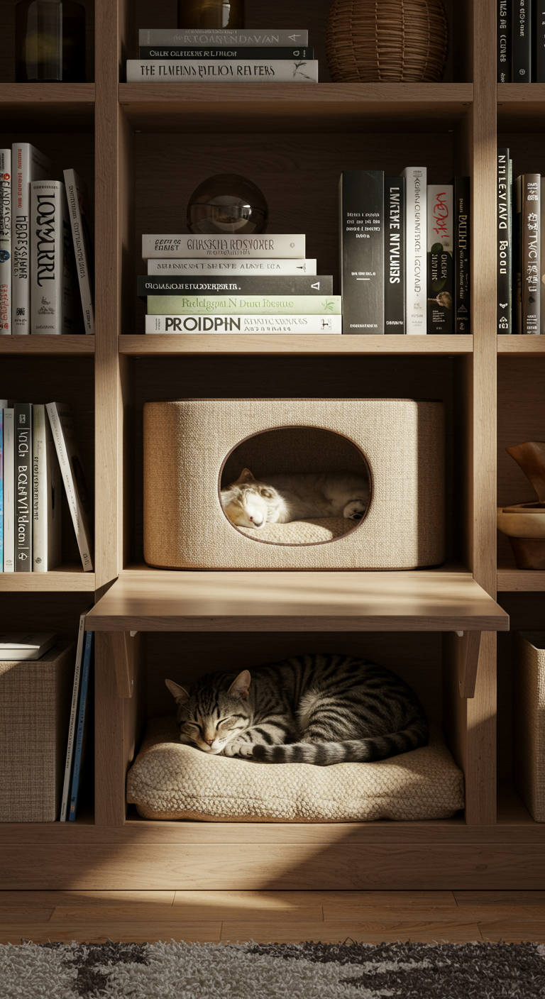 Hidden Cat Hideaways - A realistic photograph of a hidden cat bed integrated into a living room bookshelf. The bed is a cozy nook within the bookshelf, lined with a soft, neutral-toned cushion. A tabby cat is curled up asleep inside, its fur realistically textured and catching the soft, natural light from a nearby window. The bookshelf is filled with books and decorative objects, blending the cat bed seamlessly into the room's decor. Subtle imperfections, such as a slightly askew book or a minor scratch on the shelf, enhance the realism.