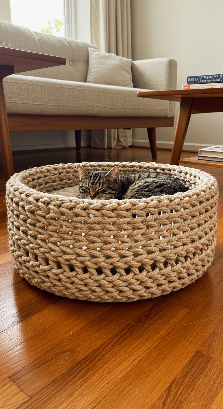 Handmade Woven Cat Nests - Close-up of a handmade woven cat nest, crafted from thick, natural yarn, nestled on a polished hardwood floor in a sunlit living room. The nest features a slightly imperfect circular shape, showcasing the texture of the woven material, with a small, plush cushion inside. A tabby cat is curled comfortably within, its fur realistically rendered, with slightly matted fur near its paws, and its eyes half-closed in contentment. The background includes a mid-century modern sofa with textured linen upholstery, a partially visible coffee table with scattered books, and soft, diffused light streaming through a nearby window, creating subtle shadows and highlights on the woven texture.