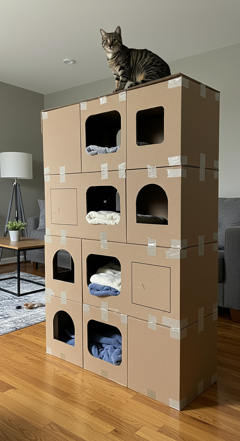 Simple Box Cat Bunkhouses - A multi-level cat bunkhouse constructed from stacked and taped cardboard boxes, featuring cut-out windows and multiple entrances. The structure is slightly lopsided, revealing the imperfect nature of a homemade project. Soft blankets and a cat toy are visible inside one of the box compartments. The bunkhouse sits in a modern living room with hardwood floors, a gray sofa, and a minimalist coffee table. A tabby cat is perched on the top level, looking relaxed, with slightly matted fur on its chest, adding a touch of realism.