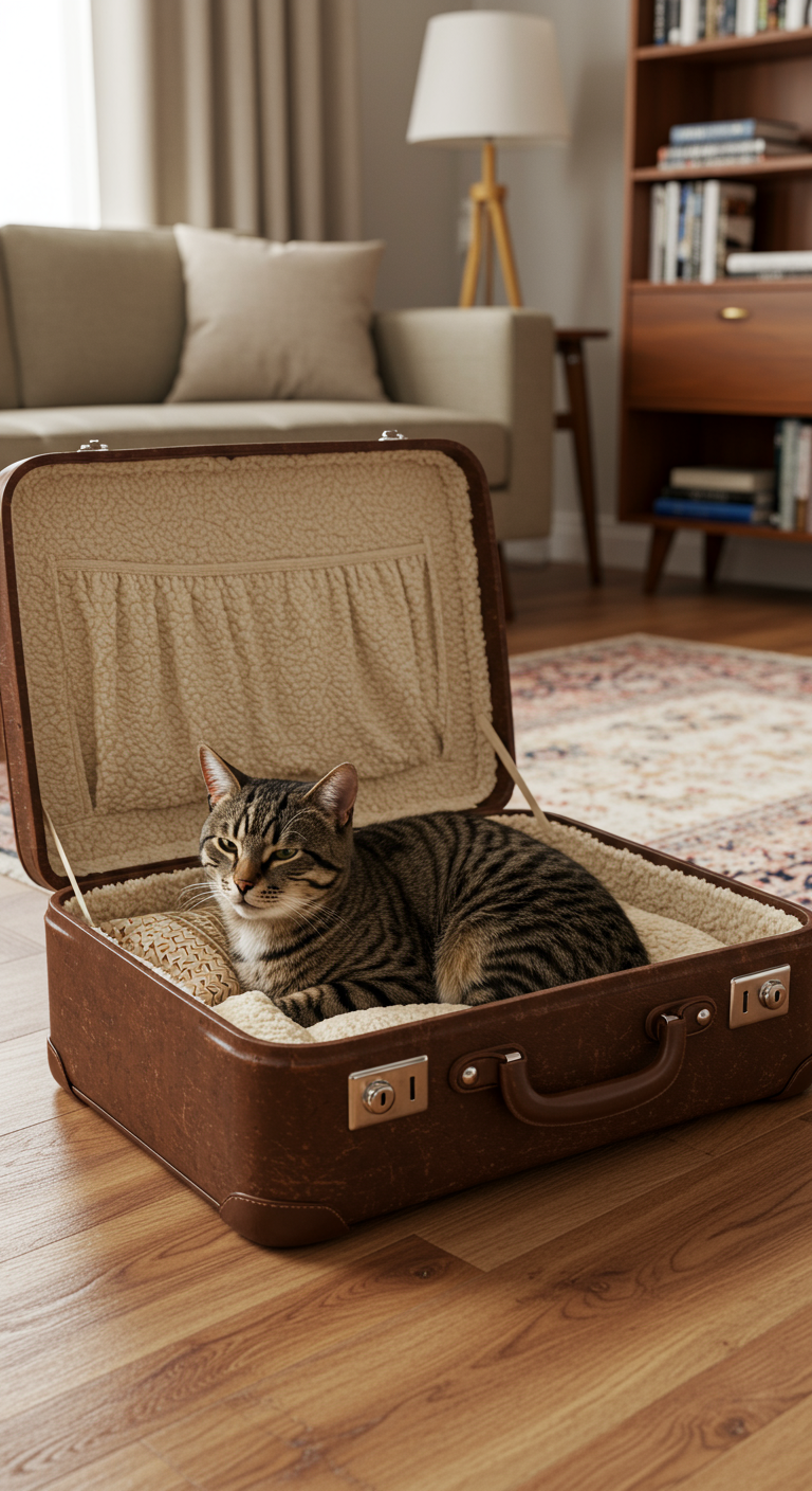 Vintage Suitcase Cat Sleeper - A vintage, slightly worn, brown leather suitcase, transformed into a cat bed, sits on a hardwood floor in a brightly lit living room. The suitcase is open, revealing a soft, plush cream-colored fleece lining and a small, patterned pillow inside. A tabby cat with realistic fur texture is curled up comfortably inside, its eyes half-closed in contentment, with some slight fur shedding visible on the fleece. The living room background includes a mid-century modern sofa, a patterned rug, and a bookshelf filled with books, all rendered with sharp focus and natural lighting, showing some dust particles in the air.
