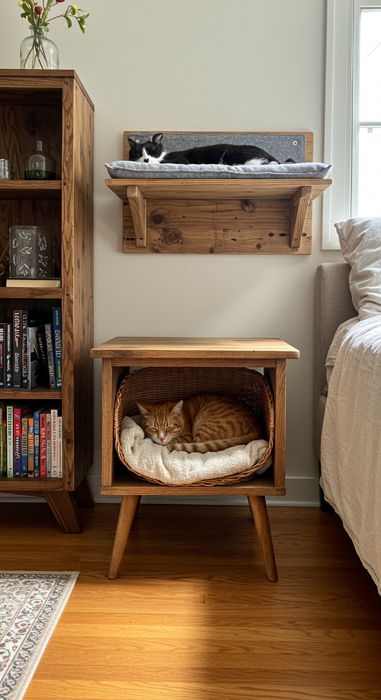 Zero-Waste Cat Nap Spots - A cozy, minimalist cat bed made from a repurposed wooden side table with a soft, neutral-toned cushion, nestled in a bright living room with hardwood floors and a mid-century modern sofa. A ginger cat is curled up asleep on the cushion, its fur realistically textured and slightly ruffled. The scene is lit by natural light streaming through a window, casting soft shadows and revealing minor imperfections in the wood grain of the side table..