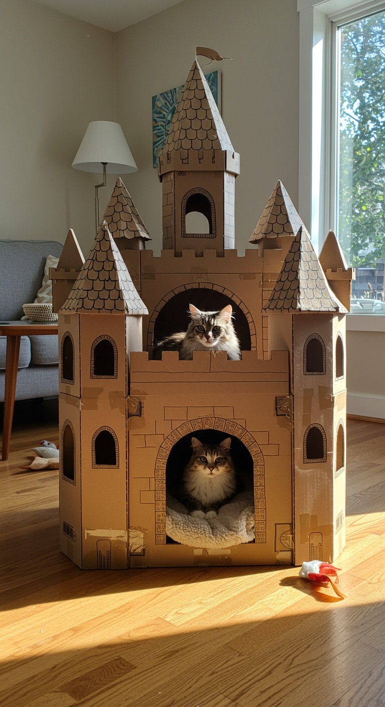 Cardboard Cat Castles - A meticulously crafted cardboard cat castle sits proudly in a sun-drenched living room, constructed from repurposed shipping boxes and adorned with hand-drawn heraldry. The castle features multiple turrets, arched doorways, and peek-a-boo windows, all reinforced with visible packing tape. A fluffy tabby cat lounges regally inside the main chamber, nestled on a plush blanket, with cardboard dust faintly visible on its fur. The surrounding room is a modern interior with a comfortable sofa, a mid-century modern coffee table, and a scattering of cat toys on a hardwood floor, illuminated by natural light streaming through a large window.