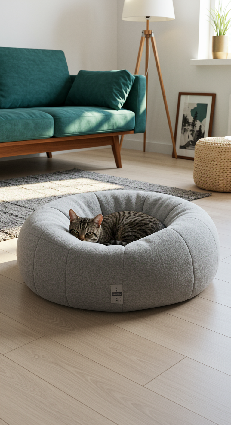 Snuggle Bug Cat Beds - A realistic photograph of a handmade, donut-shaped cat bed made from plush grey fleece, nestled on a light hardwood floor in a modern living room. The bed features slightly uneven stitching and a subtly lopsided shape, indicating its homemade nature. A tabby cat with realistic fur texture is curled comfortably inside, its paws tucked beneath its body and eyes half-closed in contentment..