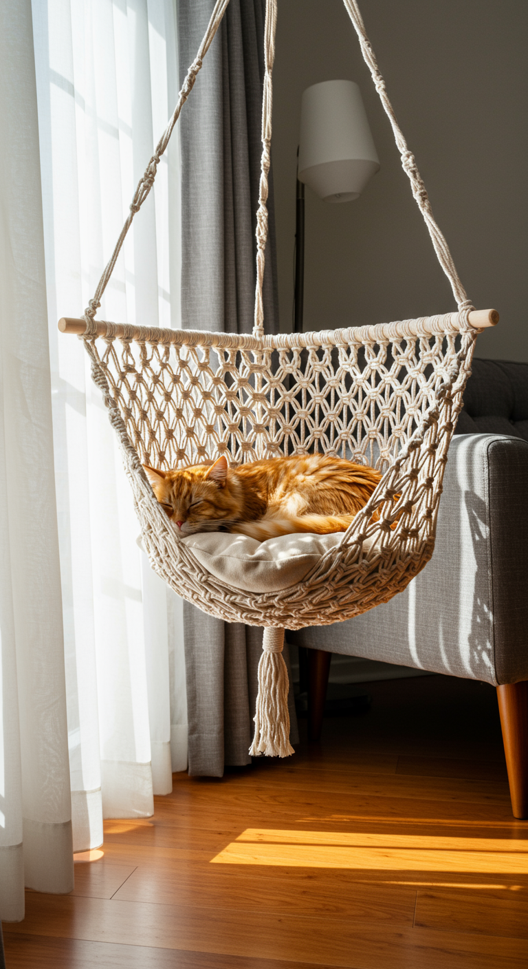 Boho Cat Hammocks - A fluffy ginger cat sleeps peacefully in a handmade macrame cat hammock hanging near a sun-drenched window in a modern living room. The hammock is crafted from thick, natural cotton rope with intricate knotting details and features a soft, cream-colored cushion inside. Sunlight streams through sheer curtains, casting subtle shadows on the hardwood floor and a nearby mid-century modern sofa. A slightly crooked knot is visible in the macrame, revealing its handmade nature.