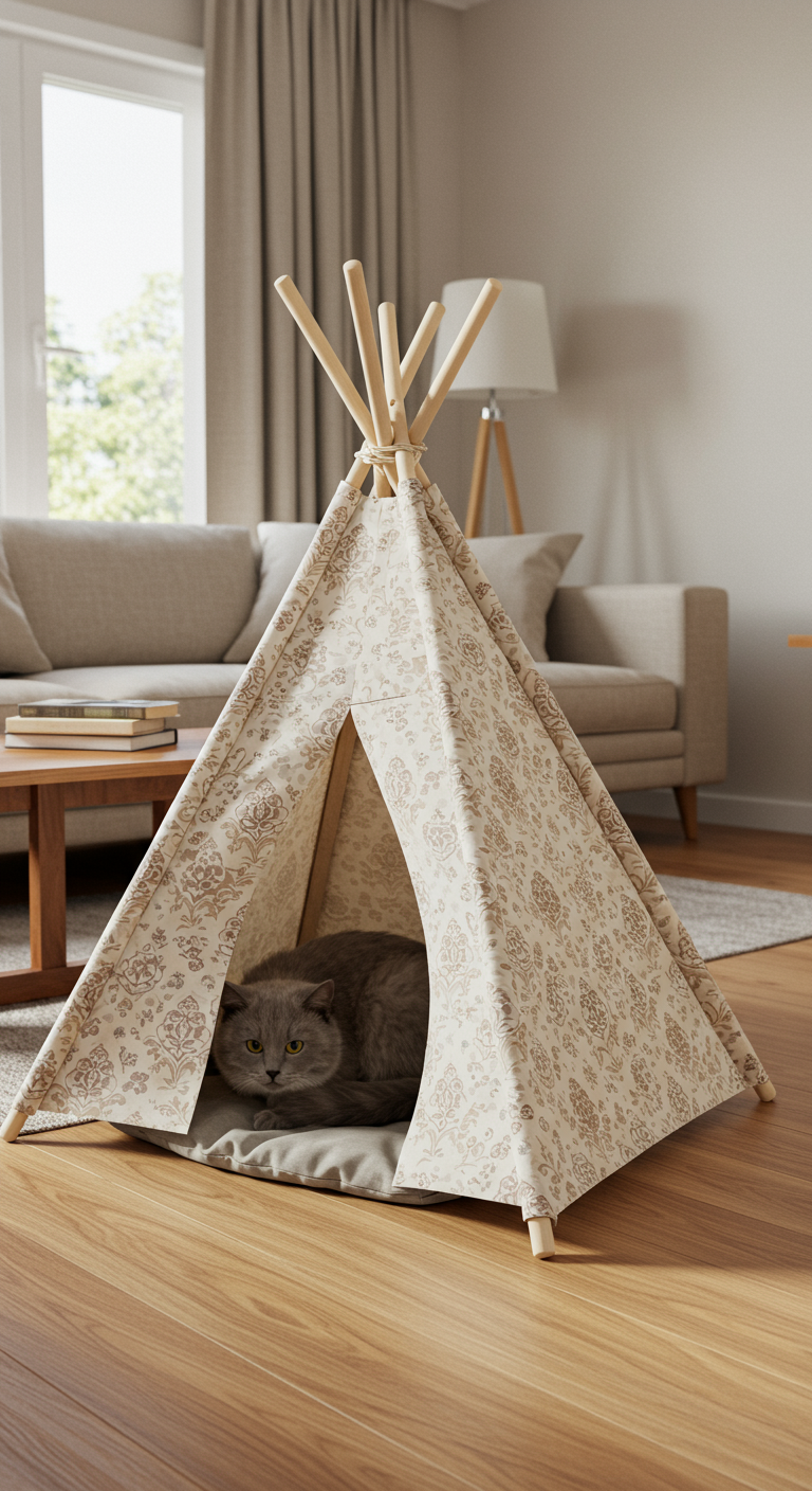 DIY Cat Teepees - A realistic photo of a DIY cat teepee in a modern living room. The teepee is constructed from light-colored wooden dowels and covered in a patterned cotton fabric. A fluffy gray cat is curled up inside, partially visible through the teepee's opening. The living room features a neutral-toned sofa, a wooden coffee table with a few books stacked on top, and a large window providing soft, natural light. Slight imperfections in the teepee's construction are visible, such as uneven stitching on the fabric and minor scuffs on the wooden dowels, adding to the homemade feel.