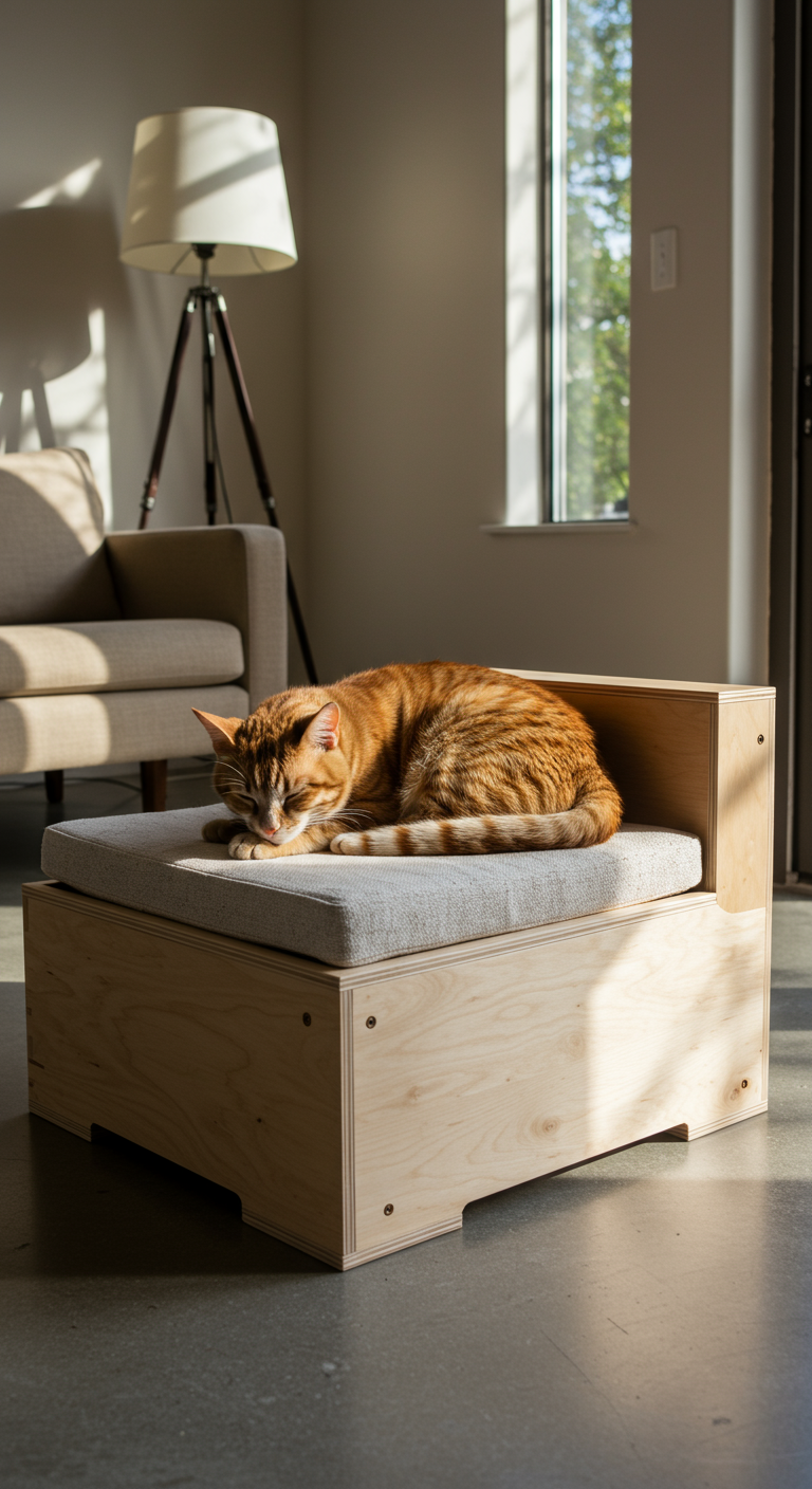 Luxury Cat Lounges - A luxury cat lounge, handcrafted from light birch plywood, featuring a minimalist design with clean lines and a slightly imperfect mitered corner. The lounge includes a recessed cushion upholstered in a textured, off-white linen, subtly creased from use. A ginger tabby cat, slightly overweight and with a small scratch near its nose, is curled up asleep on the cushion. The lounge sits on a polished concrete floor in a modern living room with a mid-century modern sofa and a floor lamp visible in the soft, diffused daylight coming through a large window.