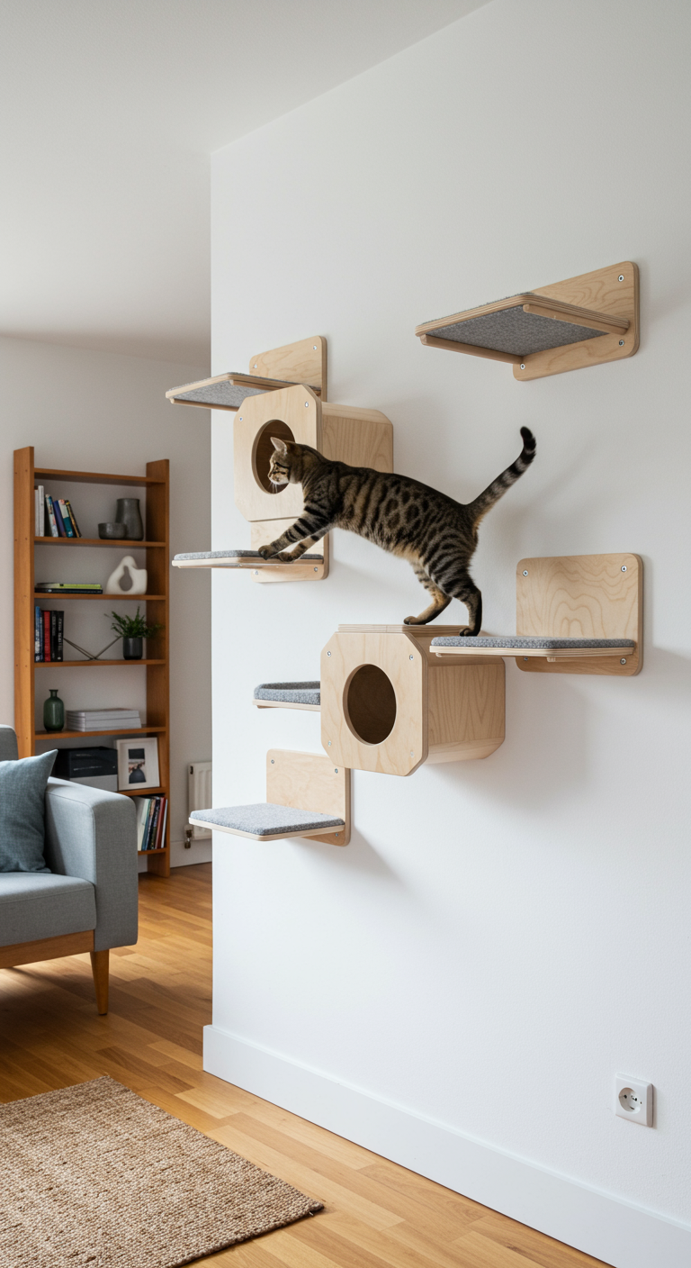 Space-Saving Cat Shelves - A modern apartment interior featuring space-saving cat shelves mounted on a white wall. The shelves are made of light wood, with carpeted surfaces for grip, arranged in a staggered, climbable pattern. A tabby cat is gracefully leaping from one shelf to another, its fur realistically textured, with slight imperfections. The apartment includes a mid-century modern sofa, a woven rug, and a bookshelf in the background, all softly lit by natural light through a window, subtly revealing dust particles in the air.