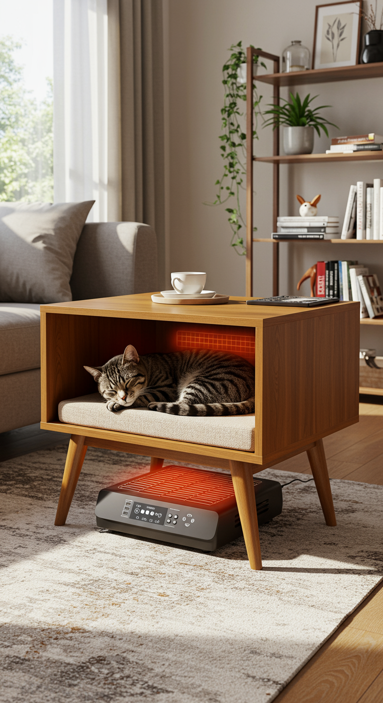 Heated Cat Nap Stations - A realistic photograph of a heated cat nap station built into a repurposed mid-century modern side table in a sunlit living room. The table features a cutout with a soft, neutral-toned cushion and a low-voltage pet-safe heating pad discreetly placed underneath. A tabby cat is curled up asleep, its fur realistically textured, with a slight imperfection such as a small tuft of fur sticking up. The living room includes a sofa, a bookshelf, and a rug, all rendered in sharp focus without artificial blurring, and natural lighting from a nearby window.