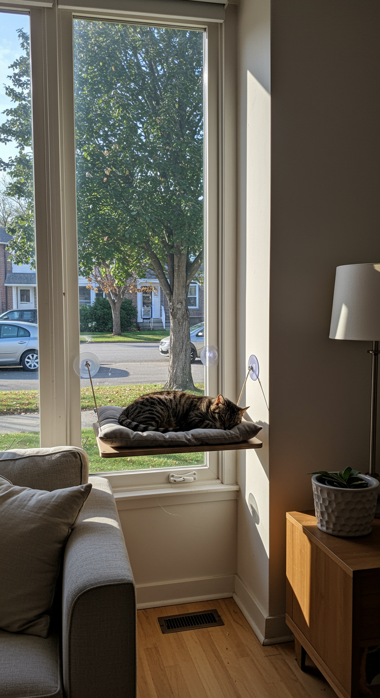 Window Perch Beds - A sun-drenched living room features a DIY cat window perch bed attached to a large window with heavy-duty suction cups. The bed is constructed from a light-colored wood platform covered with a plush, grey cushion. A tabby cat is curled up asleep on the perch, basking in the sunlight, with a slight fur disarrangement on its back. Outside the window, a clear view of a residential street with trees and parked cars is visible. The room is decorated in a modern minimalist style, with a neutral-toned sofa, a wooden coffee table, and a potted plant in the corner. A slight scratch mark is visible on the window frame near the perch.