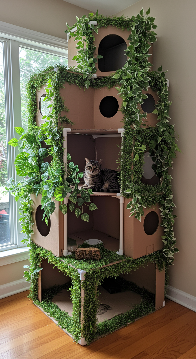 Plant-Themed Cat Sanctuaries - A multi-level, plant-themed cat sanctuary resembling a miniature indoor jungle, constructed from cardboard boxes and PVC pipes, sits in a sunlit living room. Lush artificial leafy decorations overflow from the structure, creating hiding spots and climbing areas. A tabby cat lounges contentedly inside, surrounded by catnip, with slightly matted fur visible upon closer inspection.
