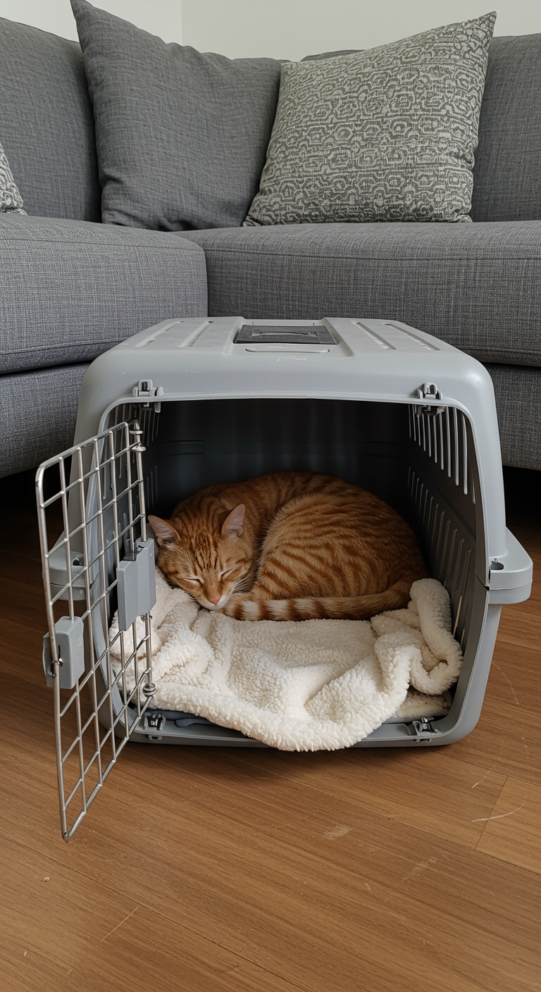 Travel Cat Carriers Turned Beds - A repurposed hard plastic cat carrier, door removed, transformed into a cozy cat bed with a plush, cream-colored fleece blanket inside. The carrier sits on a hardwood floor in a modern living room, partially obscured by a gray sofa with textured throw pillows. A ginger tabby cat is curled up asleep inside, its fur slightly matted near its paws. Faint scratches are visible on the carrier's plastic exterior.
