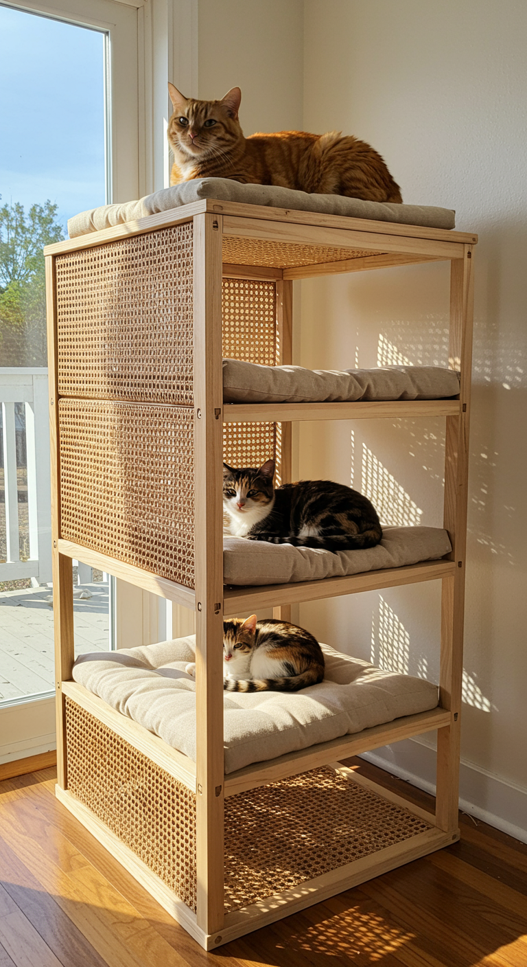 Multi-Level Cat Apartments - A multi-level cat apartment constructed from light wood and woven wicker sits in a sun-drenched living room. The structure features three distinct levels, each with a plush, neutral-toned cushion. A ginger tabby cat lounges comfortably on the top level, peering down with relaxed curiosity, while a calico cat curls up on the middle level. The apartment exhibits slight imperfections in its construction, such as visible screw heads and minor misalignments, emphasizing its homemade nature.