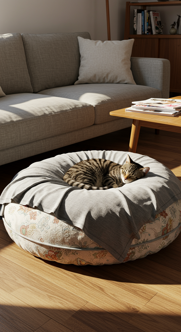 Pillow Paradise Cat Beds - A fluffy, oversized pillow cat bed sits nestled in the corner of a sunlit living room, draped with a worn, heather-gray t-shirt. The fabric is slightly rumpled, revealing a hint of the pillow's original floral pattern underneath. A tabby cat with realistic fur texture is curled up asleep on the bed, one paw slightly hanging off the edge. The background includes a mid-century modern sofa, a wooden coffee table with scattered magazines, and a partially visible bookshelf, all rendered with sharp focus and natural lighting.
