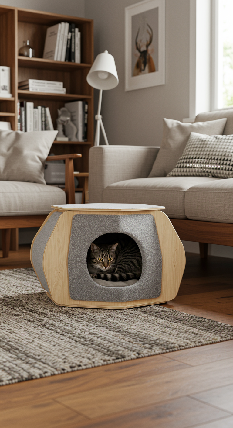Comfy Cave Cat Habitats - A realistic, high-resolution photograph of a comfy cave cat habitat seamlessly integrated into a modern living room. The cat bed is constructed from light-colored wood and soft, textured gray fabric, featuring a small, inviting entrance. A tabby cat is curled up inside, its fur detailed and realistically rendered, with a slight imperfection in its coat pattern. The surrounding environment includes a mid-century modern sofa, a woven rug with a slight imperfection, and a bookshelf with visible books and decorative objects, all under soft, natural lighting from a nearby window.