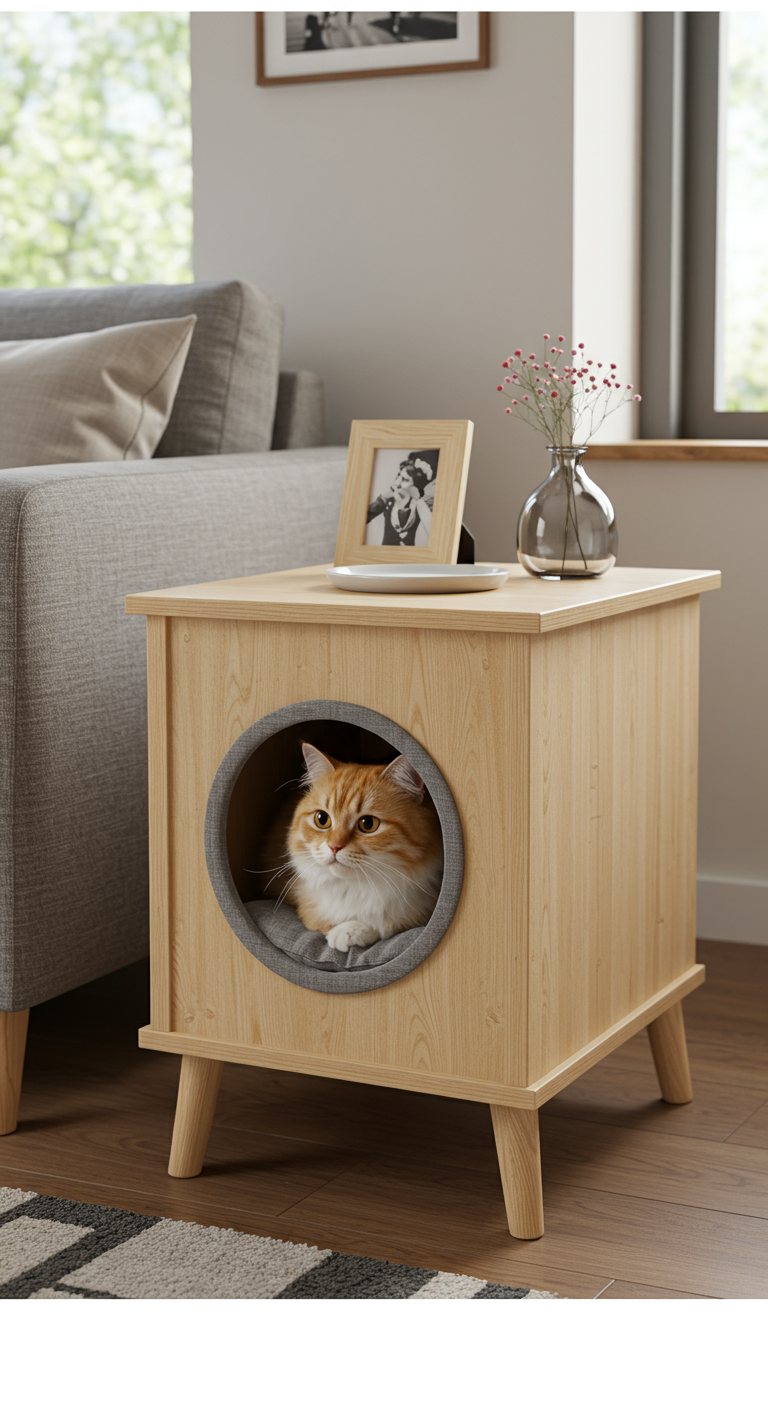 Stylish Side Table Cat Havens - A stylish, modern side table crafted from light wood, seamlessly integrated into a contemporary living room. The table's lower shelf has been cleverly converted into a cozy cat haven, complete with a plush, gray cushion and a small, circular opening for the cat to enter and exit. A fluffy ginger cat is curled up inside, its tail peeking out from the entrance. The living room setting includes a comfortable sofa, a patterned rug, and a large window providing soft, natural light, with slight imperfections like a scratch on the table leg and a slightly crooked picture frame on the wall behind it.