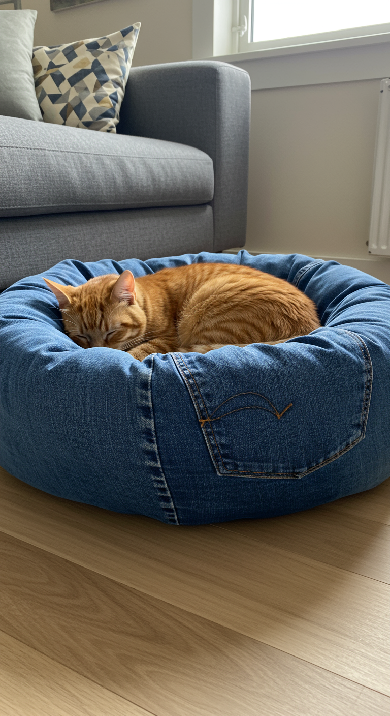 Denim Dream Cat Bed - A realistic, close-up shot of a denim cat bed made from repurposed blue jeans, slightly faded and worn, resting on a light hardwood floor. The bed is donut-shaped, constructed from the jean legs and stuffed with soft filling, with visible stitching along the seams. A ginger tabby cat is curled up asleep inside, its fur slightly ruffled, with one paw visible and a small stain on the denim near the cat's head. The scene is set in a modern living room with a grey sofa and a patterned throw pillow in the background, illuminated by soft, natural light filtering through a nearby window, with a few dust particles visible in the air.
