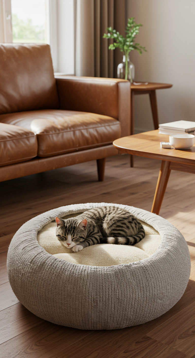 Super Comfy Cat Beds - A realistically rendered image of a modern living room featuring a homemade cat bed crafted from a repurposed, light gray wool sweater. The sweater is carefully stuffed to create a circular shape with a plush, cream-colored cushion nestled inside, slightly lopsided and showing minor wear. A tabby cat with realistic fur texture is curled up asleep inside, its paws tucked beneath its chin. The background includes a mid-century modern sofa with a slightly worn leather finish, a wooden coffee table with visible grain, and soft, diffused sunlight filtering through a nearby window, casting subtle shadows.