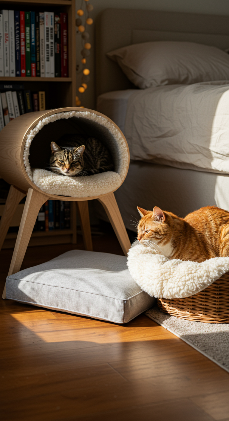 Easy-Peasy Cat Beds - A realistic, slightly imperfect photo of a minimalist cat bed on a hardwood floor in a sunlit living room. The bed is a simple, rectangular cushion covered in a light gray linen fabric, subtly creased from use. A tabby cat with slightly matted fur is curled up asleep on the cushion.