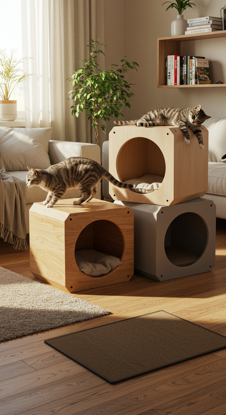 Modern Cat Cubes - A realistic home interior with modular modern cat cubes placed in a cozy living space. The cubes are made from real materials — natural wood (plywood or MDF), recycled cardboard, or matte plastic — each showing light wear, visible grain, or screw heads. The structures are geometric: square or hexagonal, with clean but imperfect lines. One cube has a soft pillow inside, another with a scratching mat on the exterior. They're arranged asymmetrically — two stacked, one beside a couch, another near a plant stand. A domestic short-haired cat is seen stepping into one cube, while another cat naps on top, legs hanging lazily over the edge.
The environment is a lived-in apartment: wooden flooring, a neutral rug, books on the shelf, and warm daylight coming through a window. Shadows are soft but natural — sunlight hits the floor and part of the cube. The background is in full focus — no blur — with visible textures (wall paint, shelf items, blanket folds). The image captures a real, quiet moment between design and daily life. Cats are lifelike with realistic fur, relaxed poses, and natural eye shapes.