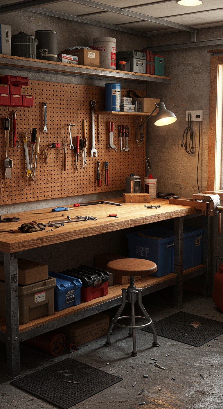 Minimalist Garage Workshop Setups - Realistic garage workshop interior, designed for a small space. Compact but functional setup featuring a wooden workbench with visible scratches and wear, a pegboard holding real tools with slight rust and oil stains, labeled bins containing hardware, and intentional clutter such as scattered screws, worn work gloves, and oily rags. Materials include raw plywood, metal frames with chipped paint, and rubber mats on a concrete floor with minor cracks. Natural lighting from a window and supplemental warm, practical light from a ceiling lamp. A single worn stool is tucked under the workbench. Visible details include power strips, cables, shelves holding various supplies, and wall hooks. The scene is entirely in focus, capturing the lived-in, practical atmosphere.