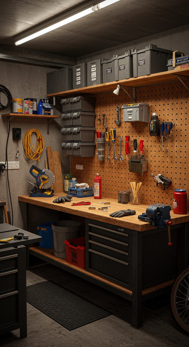 The Ultimate Garage Workshop Makeover - Highly detailed, realistic photograph of a small garage workshop interior. Compact but functional setup with a wooden workbench cluttered with screws, gloves, and rags. Pegboard organizer holding real tools above the workbench, accompanied by labeled storage bins and raw plywood shelving. Authentic materials: metal frame workbench, rubber mat on concrete floor, illuminated by warm practical ceiling lamps. Visible cables, power strips, wall hooks, a table saw, and a bike rack complete the scene.