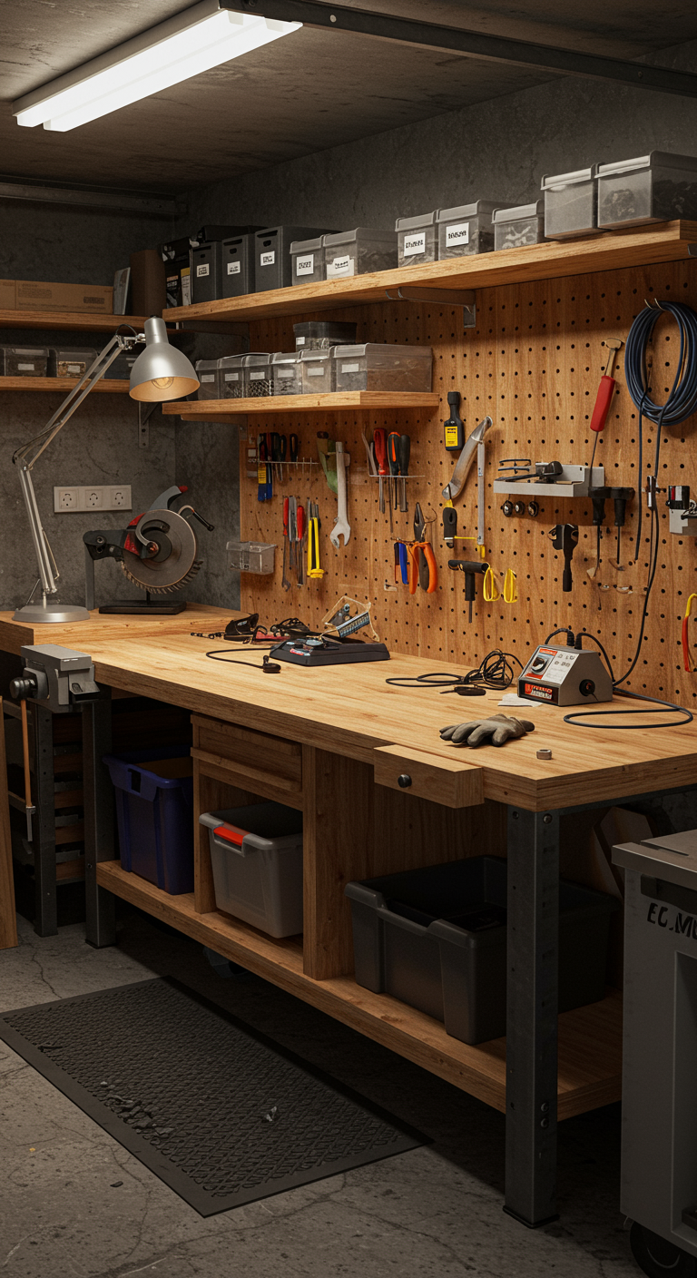 Modern Garage Workshop Ideas - A realistic, small garage workshop interior featuring a compact wooden workbench with a smooth, sturdy top. Pegboards are mounted on the wall, holding various hand tools like screwdrivers, wrenches, and pliers. Labeled bins containing screws, nuts, an